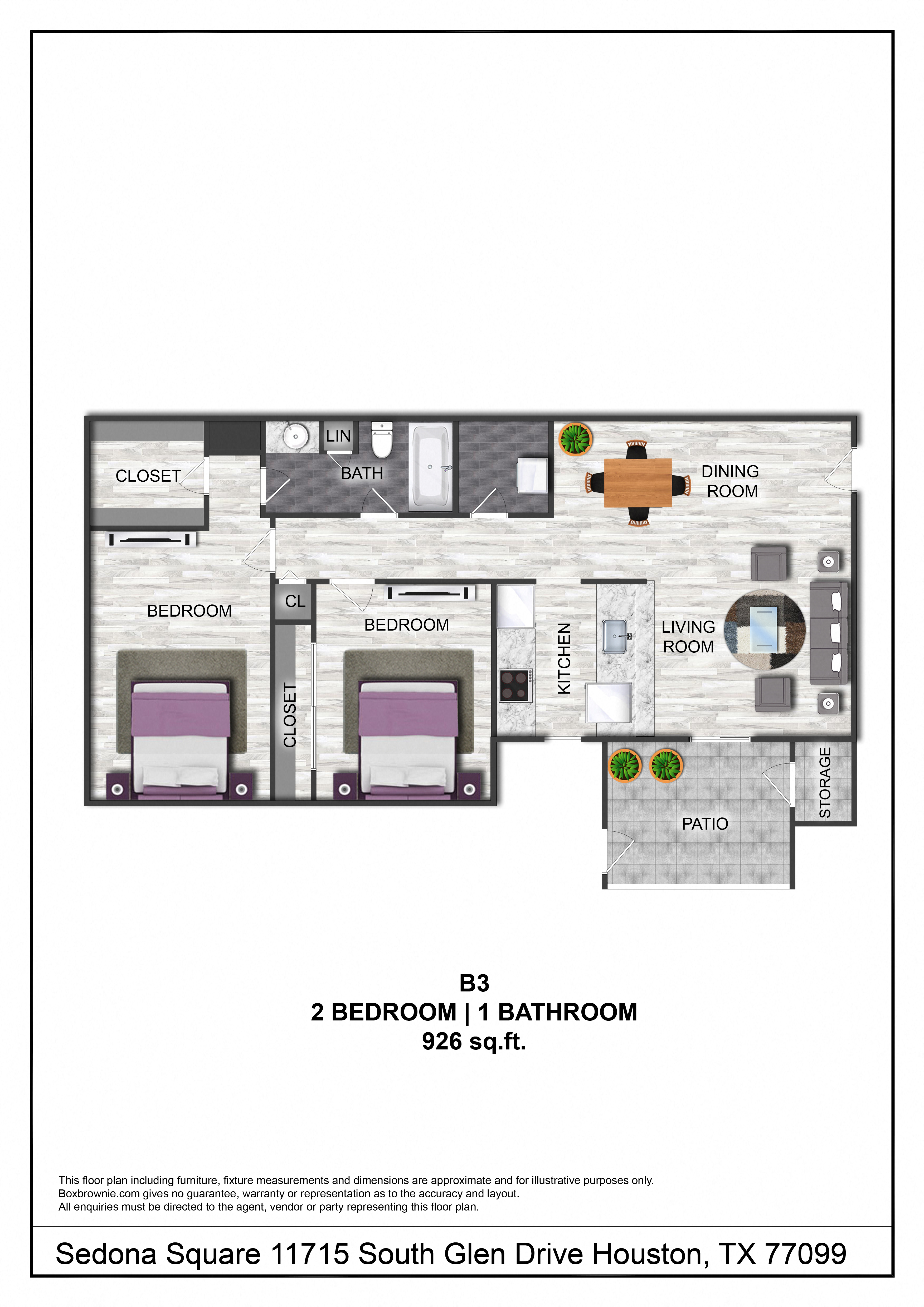 Floor plan for 2 beds, 1 bath, 926 sqft